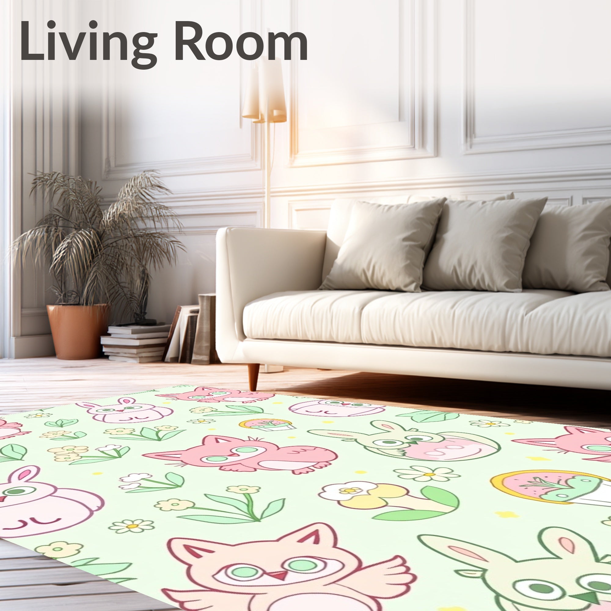 Pink Cartoon Animals Easter Floral Rug