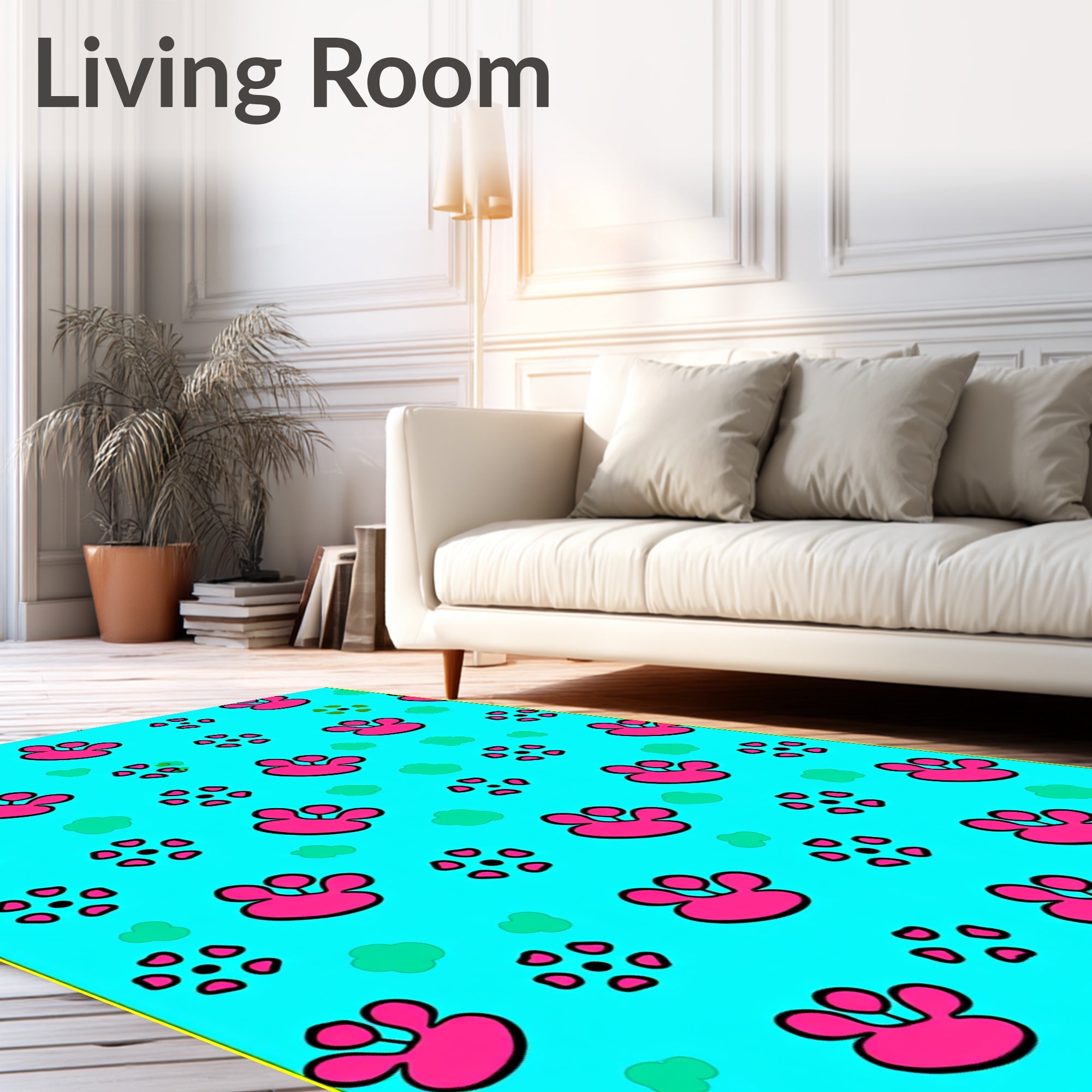 Bright Pink Flower Paw Print Aqua Rug