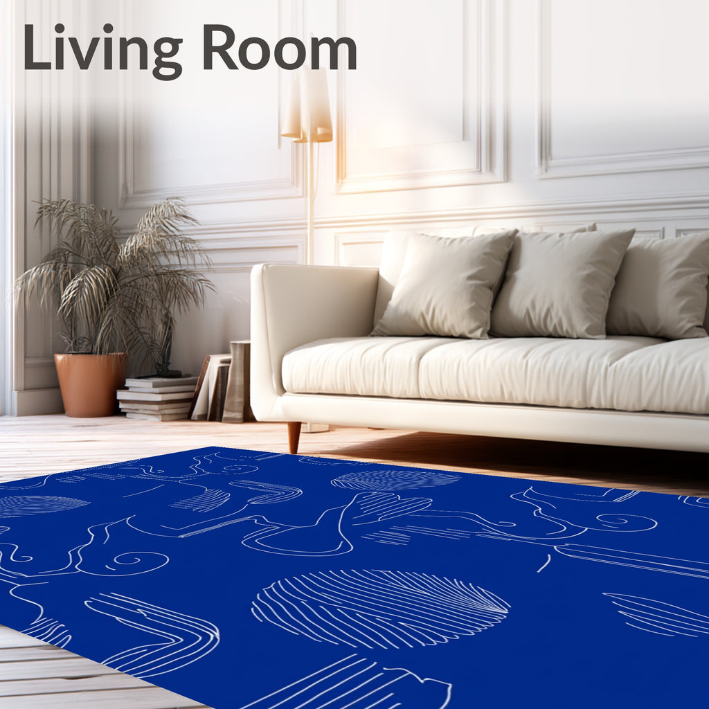 Abstract Blue White Line Art Swirl Rug
