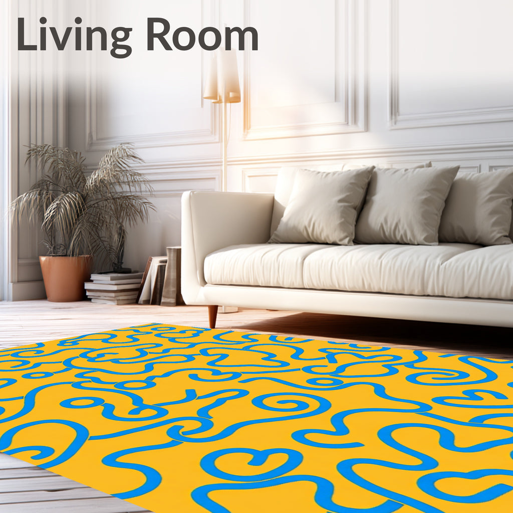 Bright Yellow Blue Wavy Line Art Rug