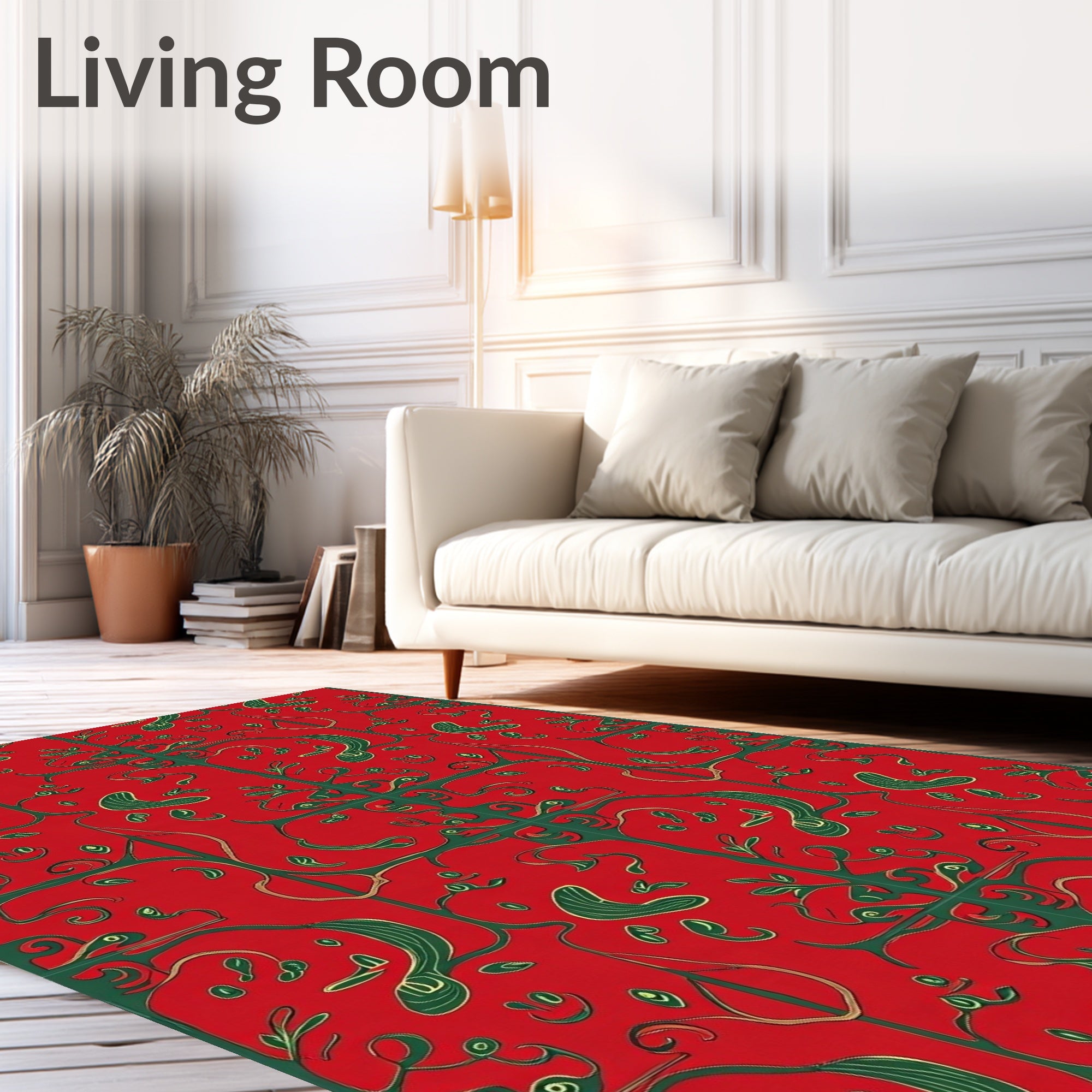 Red green ornate botanical vine Rug