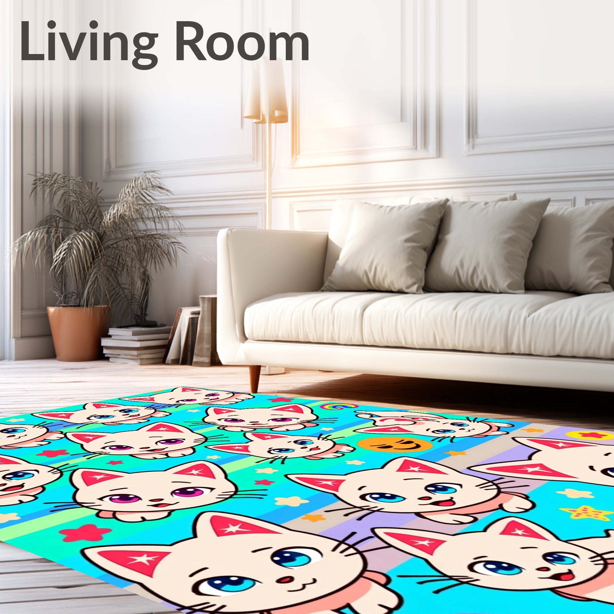 Cute Kitten Rainbow Striped Playful Rug
