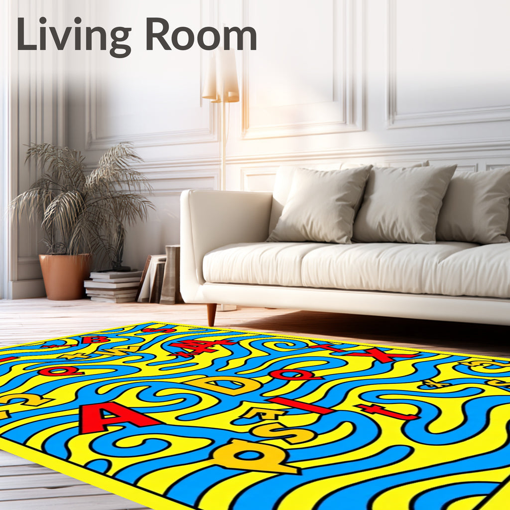 Vibrant Yellow Blue Alphabet Waves Rug