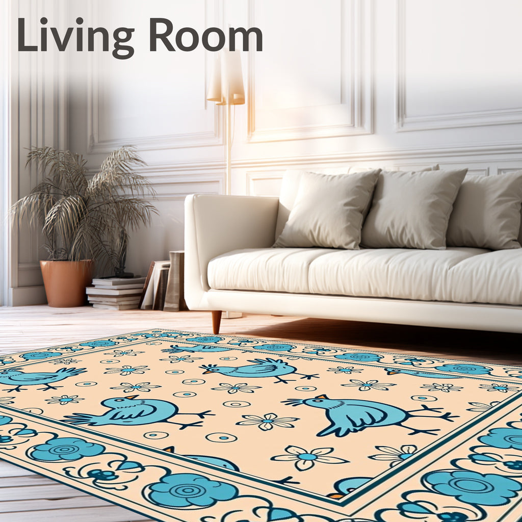 Whimsical Teal Bird Floral Motif Rug
