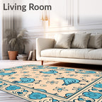 Whimsical Teal Bird Floral Motif Rug