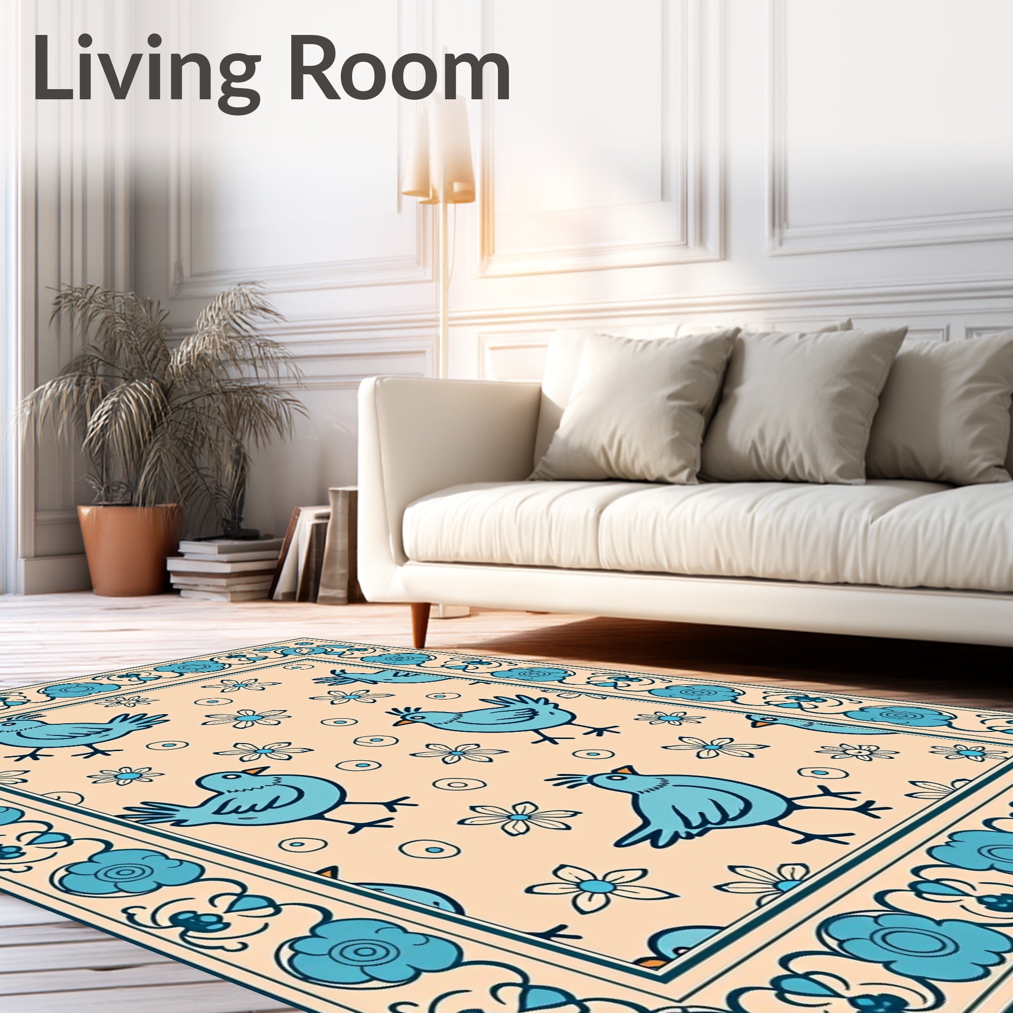 Whimsical Teal Bird Floral Motif Rug