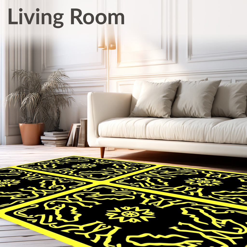 Bold Yellow Black Ancient Motif Rug