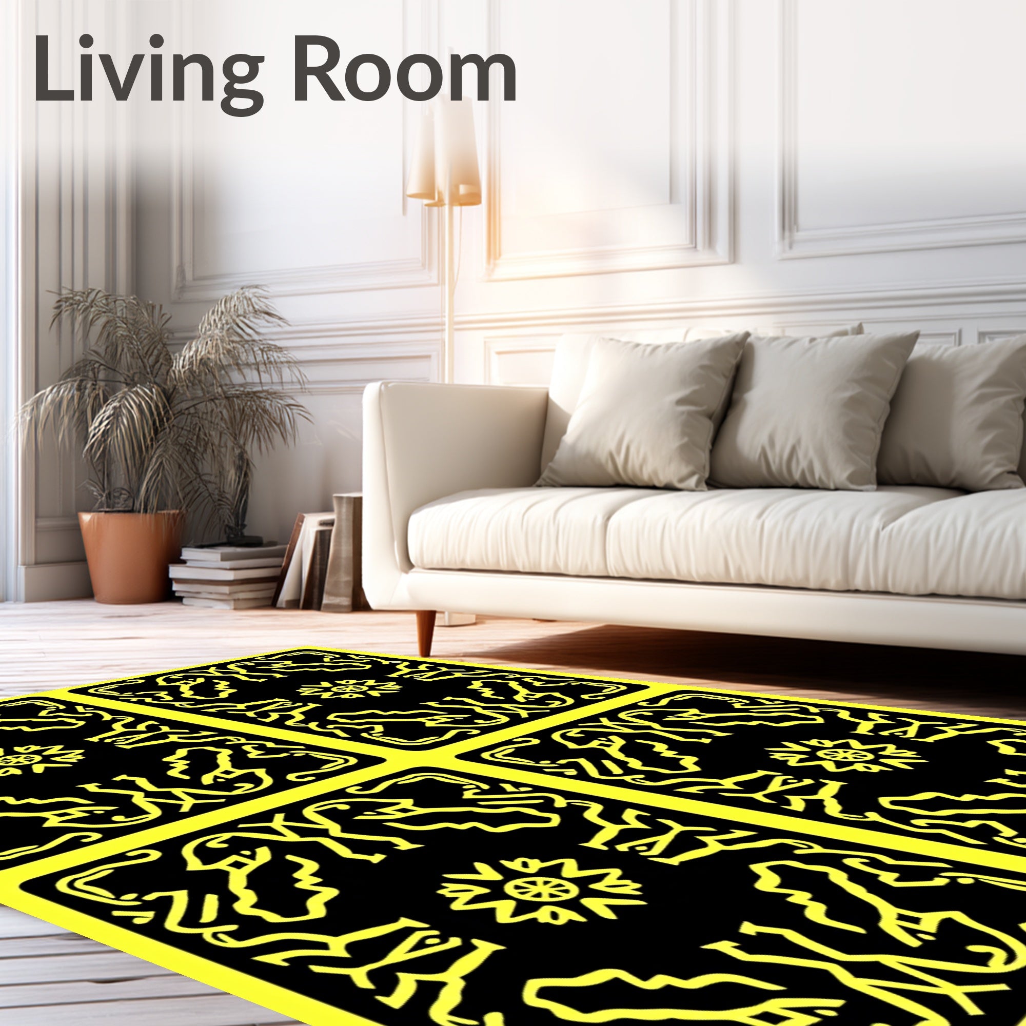 Bold Yellow Black Ancient Motif Rug
