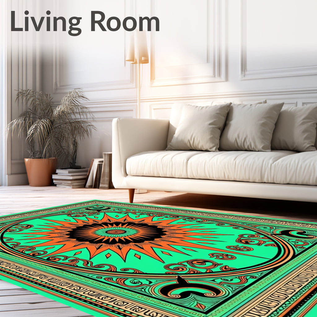 Vibrant Orange Sunburst Mint Mandala Rug