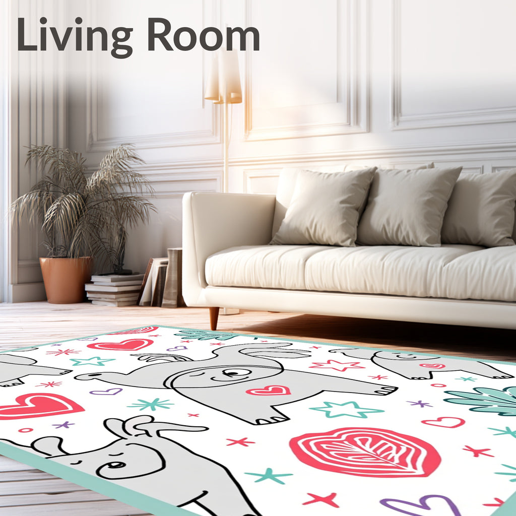 Whimsical Gray Elephant Heart Stars Rug