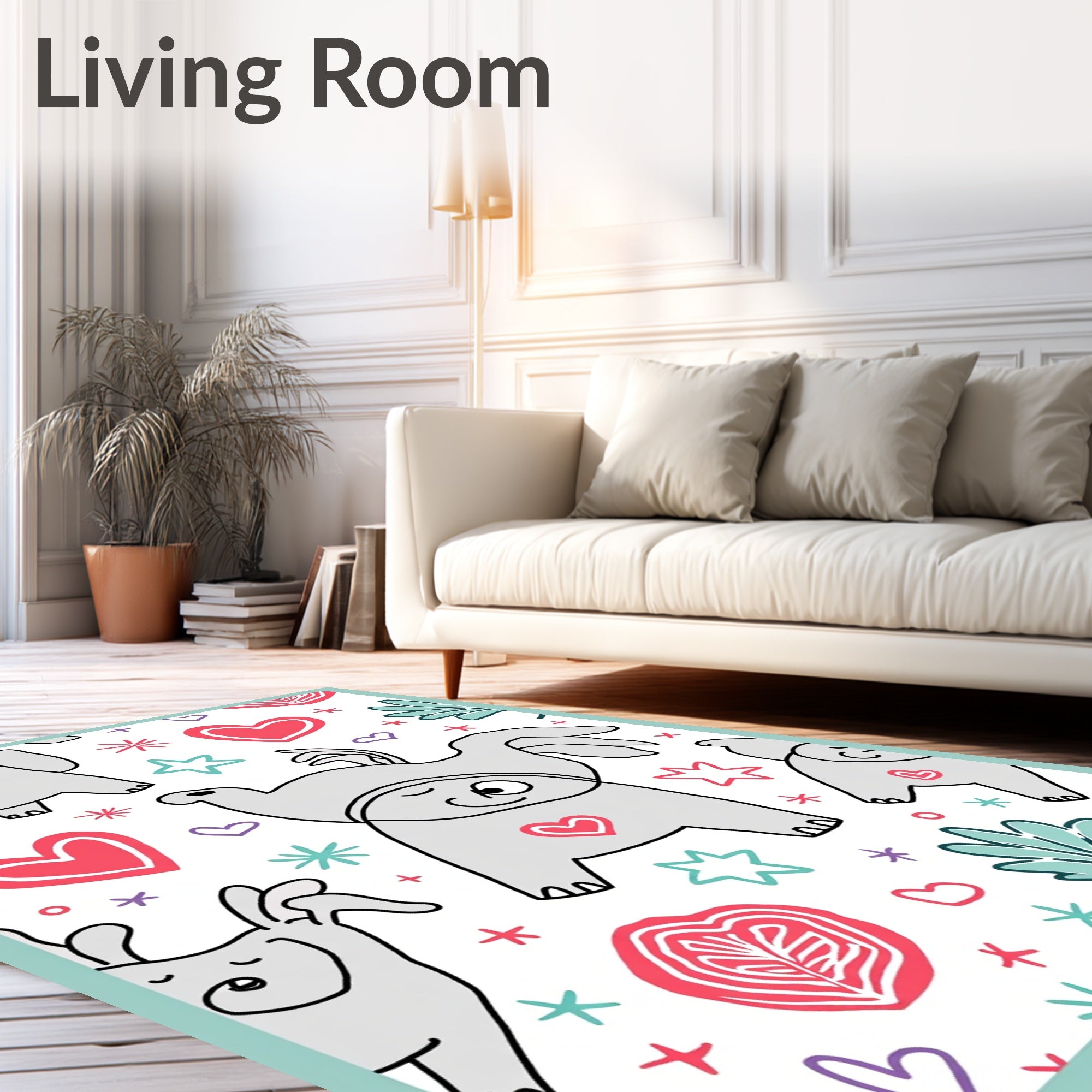 Whimsical Gray Elephant Heart Stars Rug