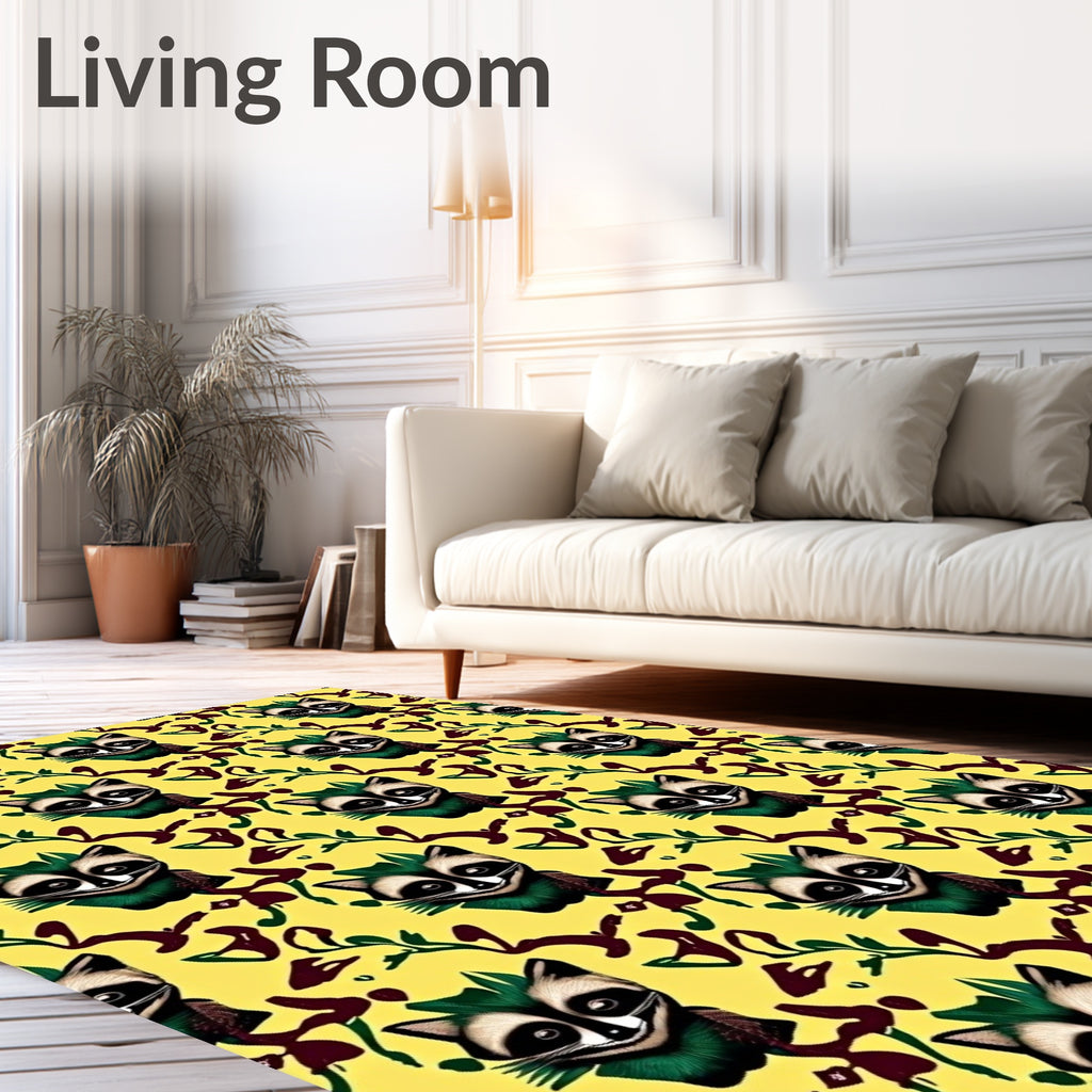 Whimsical Raccoon Yellow Abstract Swirls Rug
