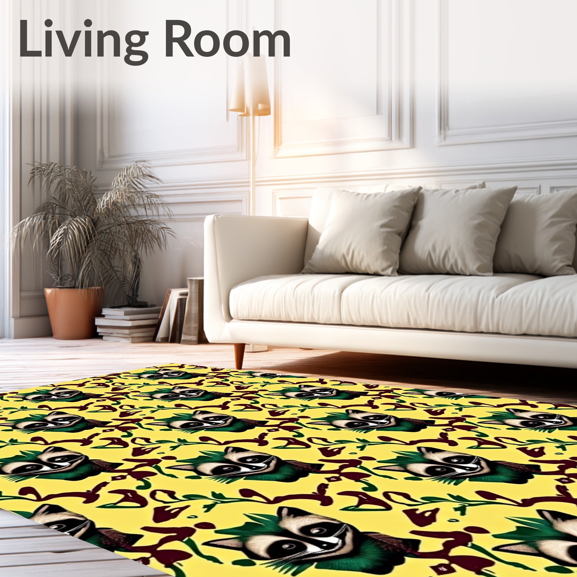 Whimsical Raccoon Yellow Abstract Swirls Rug