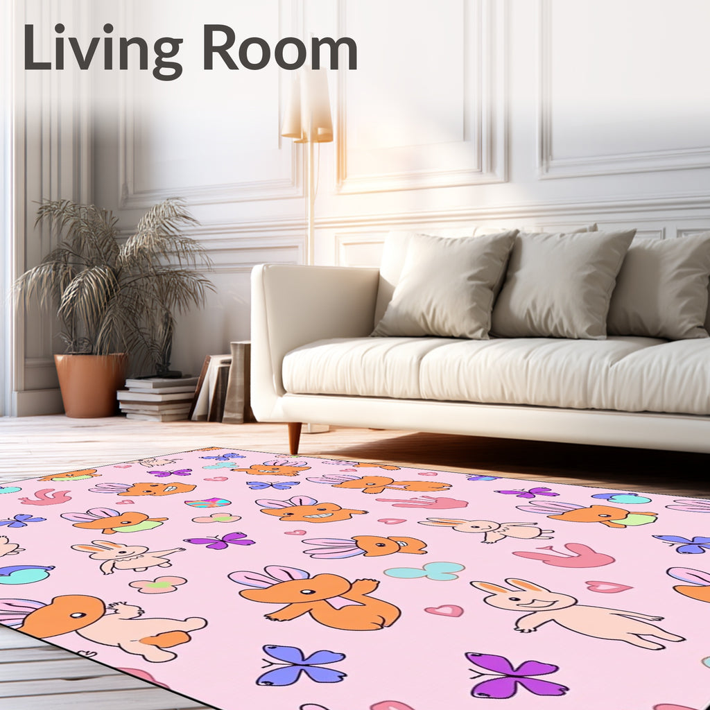Playful Orange Bunnies Blue Butterflies Pink Hearts Rug