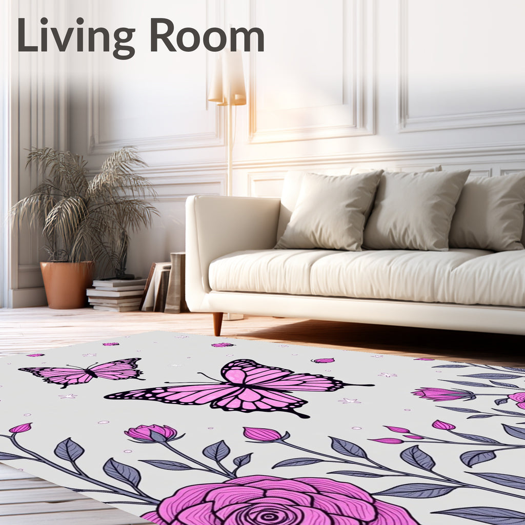 Pink Butterfly Floral Garden Rug