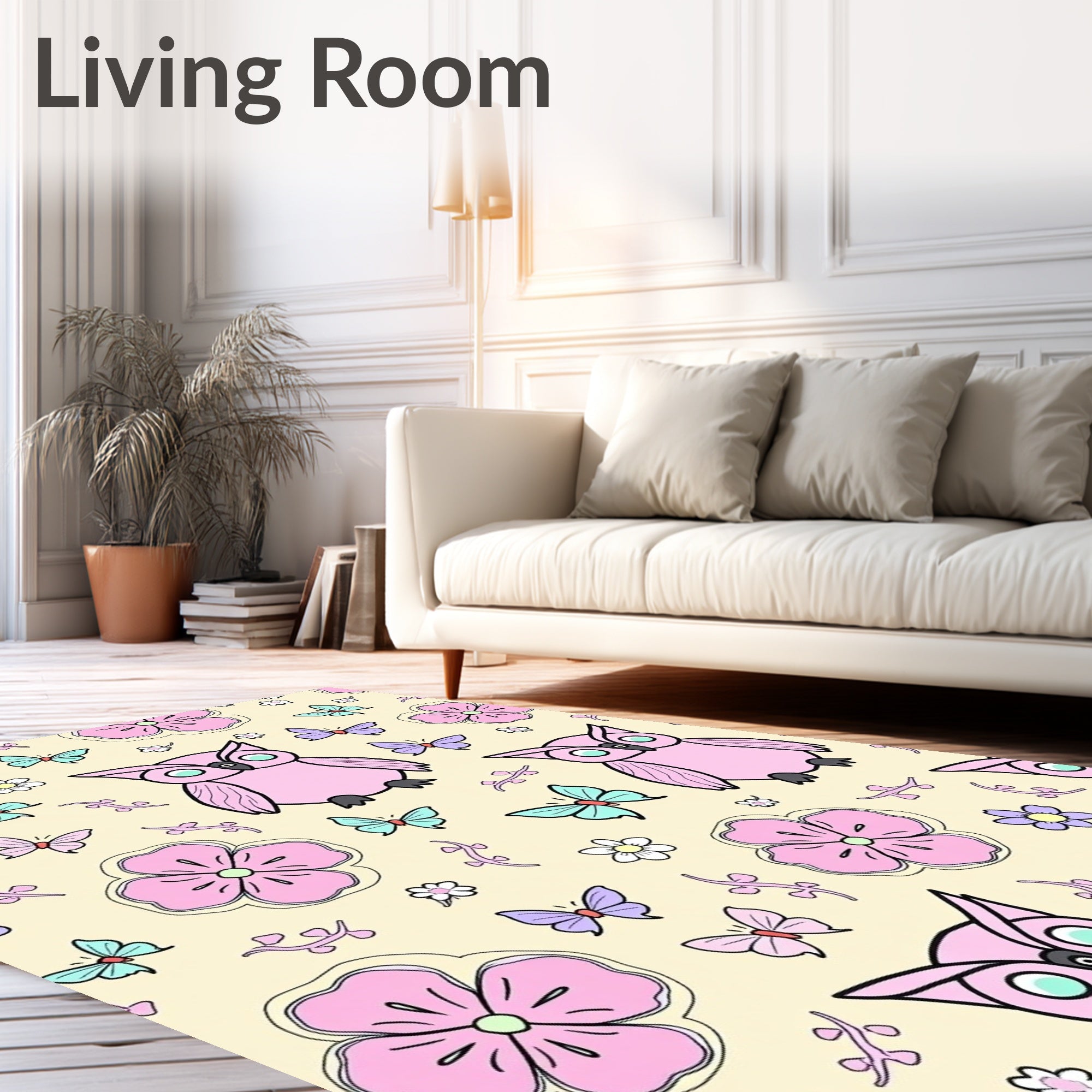 Pink Owls Butterflies Floral Meadow Rug