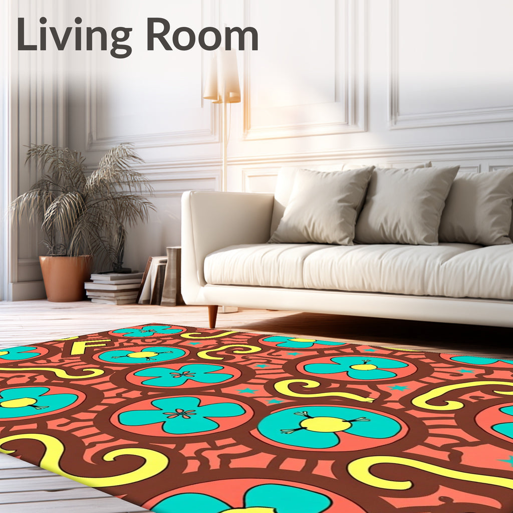 Coral Teal Yellow Floral Swirl Rug