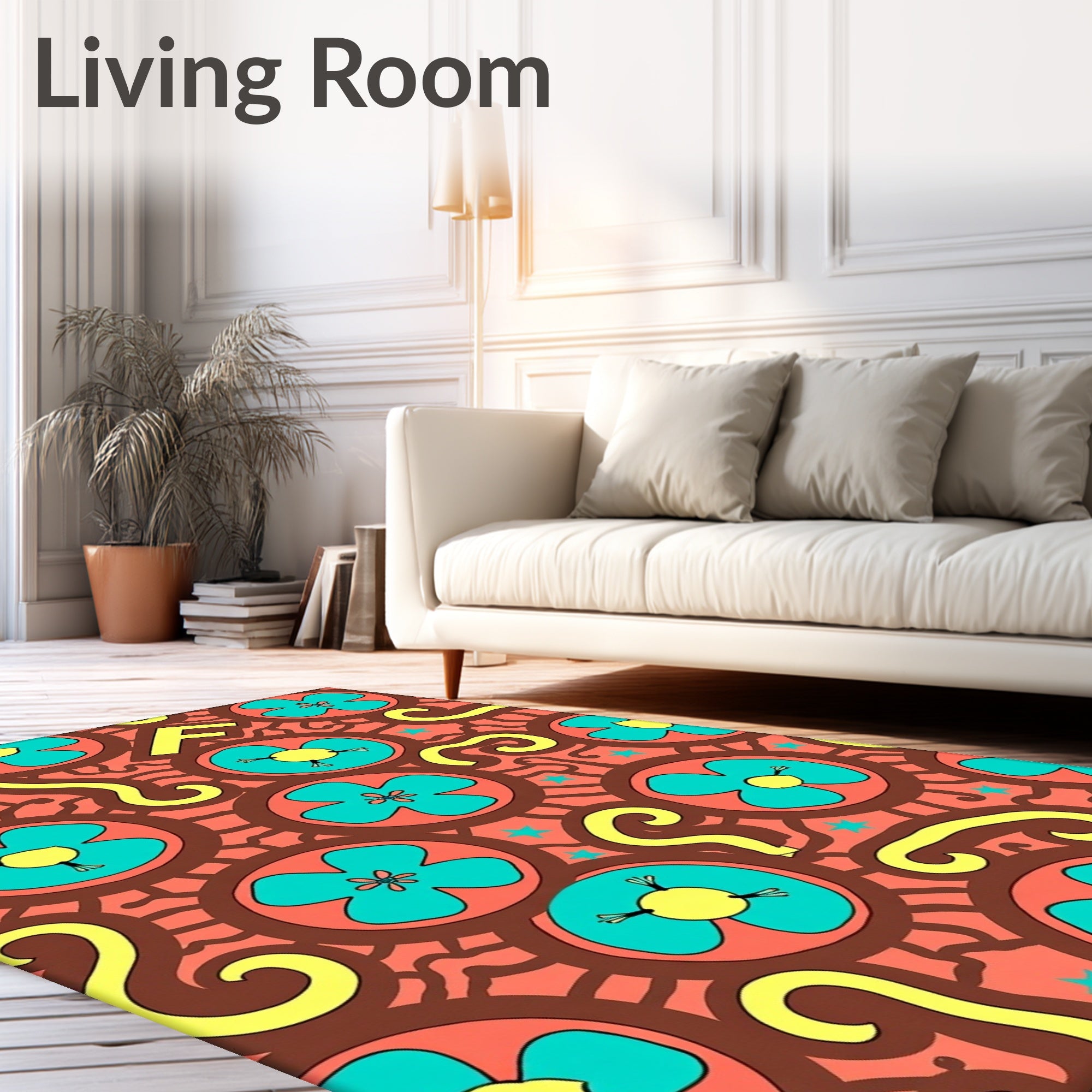 Coral Teal Yellow Floral Swirl Rug