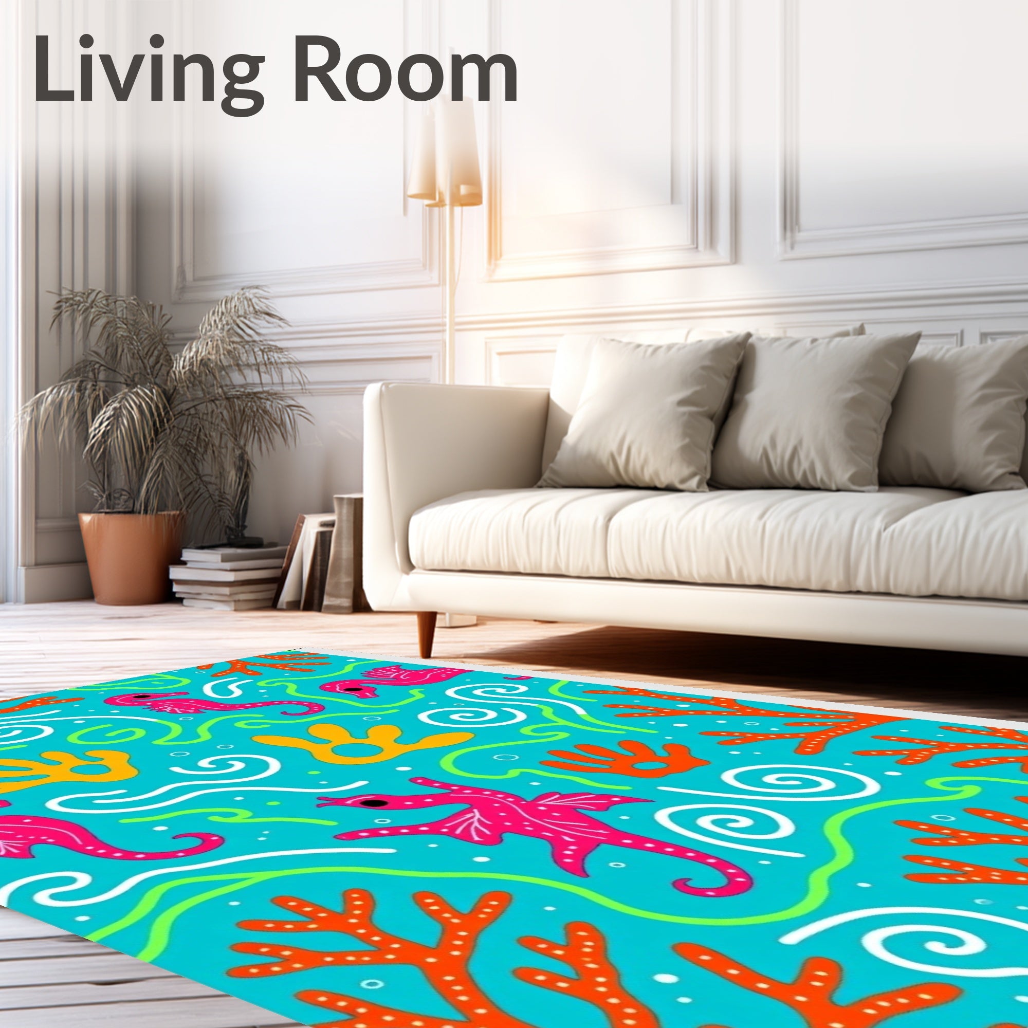 Bright Teal Seahorse Coral Swirls Rug