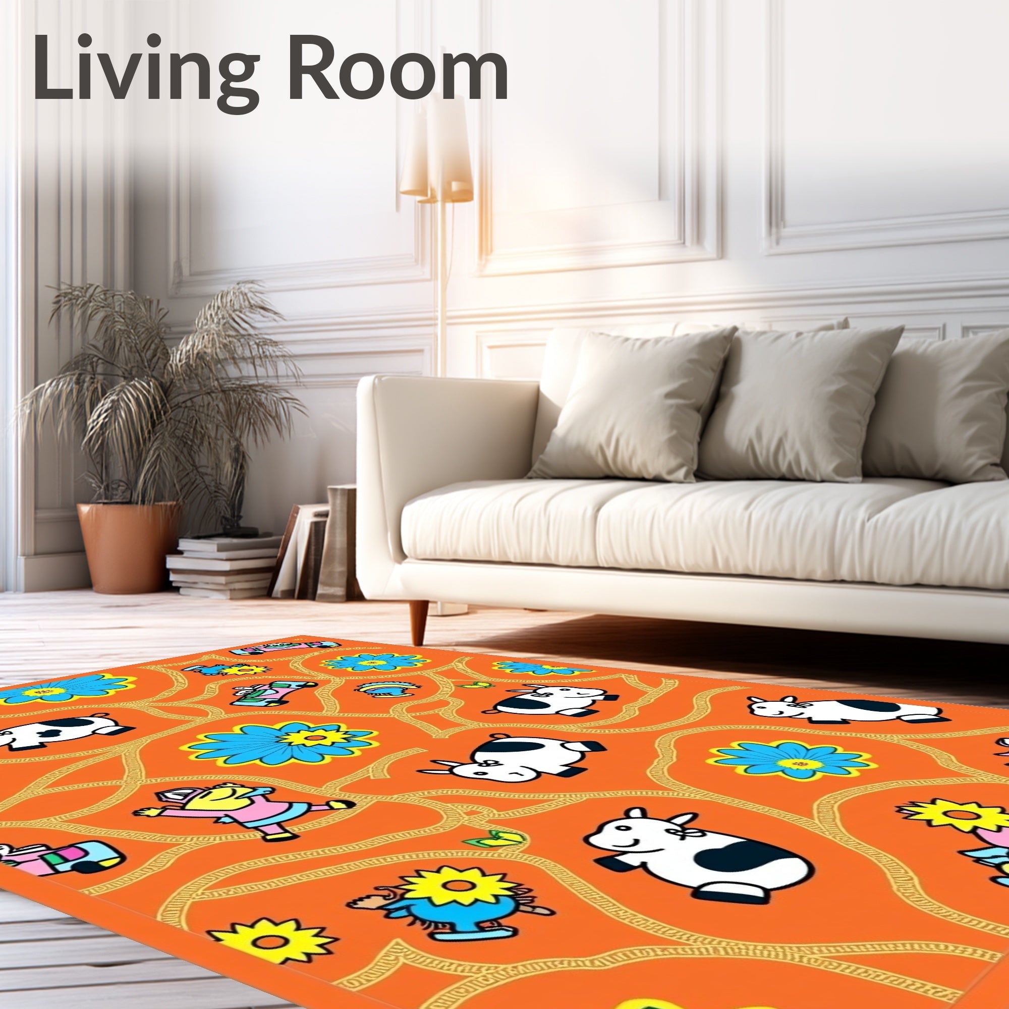 Whimsical Orange Cow Flower Collage Rug