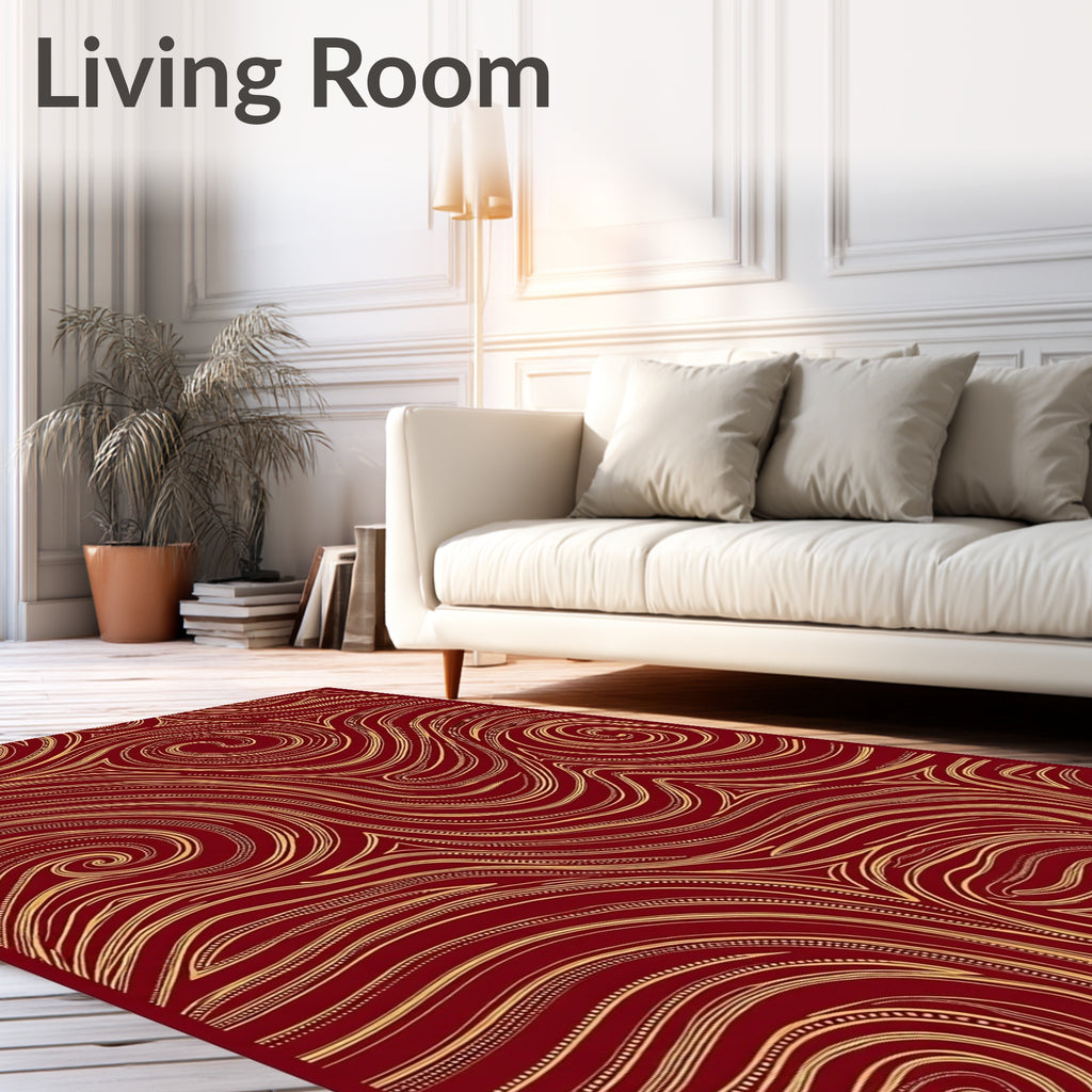 Crimson Gold Swirl Line Art Rug