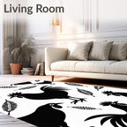 Black Rooster and Fern Silhouette Rug