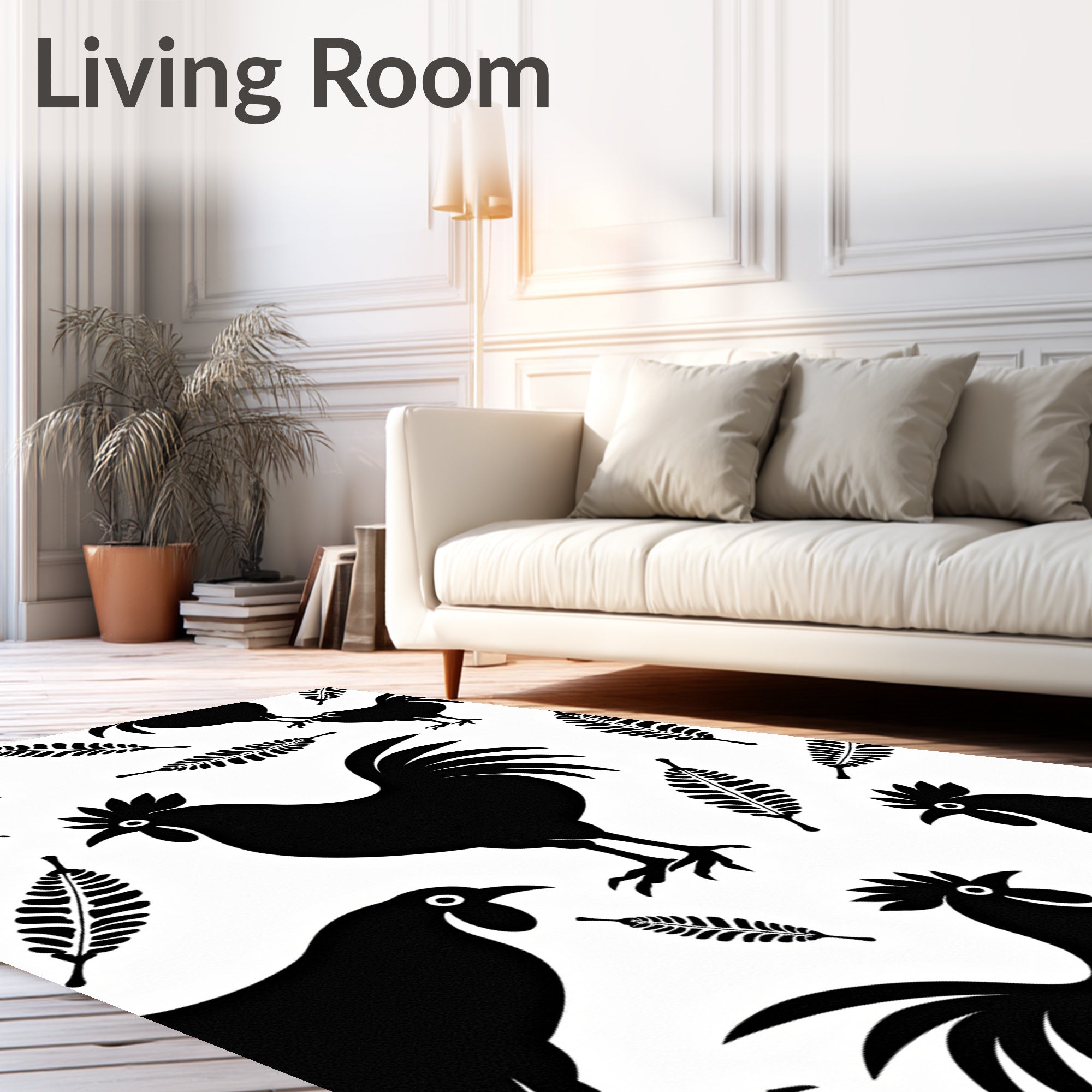 Black Rooster and Fern Silhouette Rug
