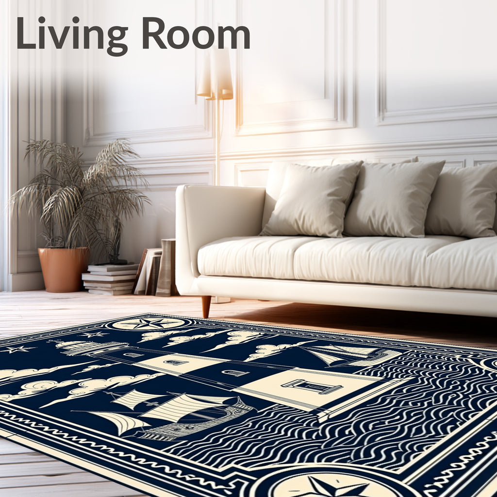 Nautical Lighthouse Ships Compass Illustration Rug