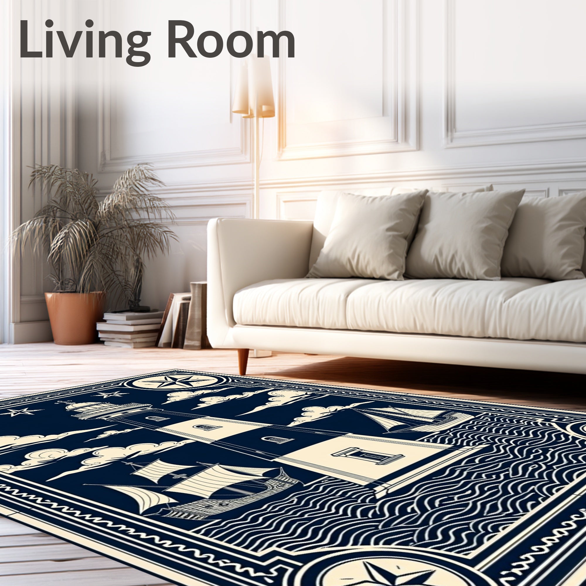 Nautical Lighthouse Ships Compass Illustration Rug