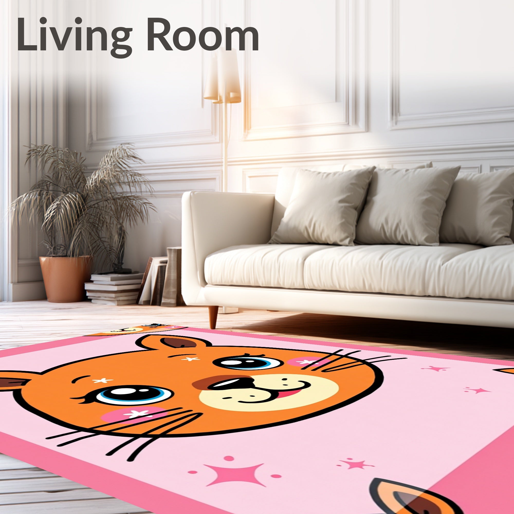 Cute Orange Cat Face Pink Background Rug