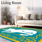 Teal White Whimsical Cat Border Rug