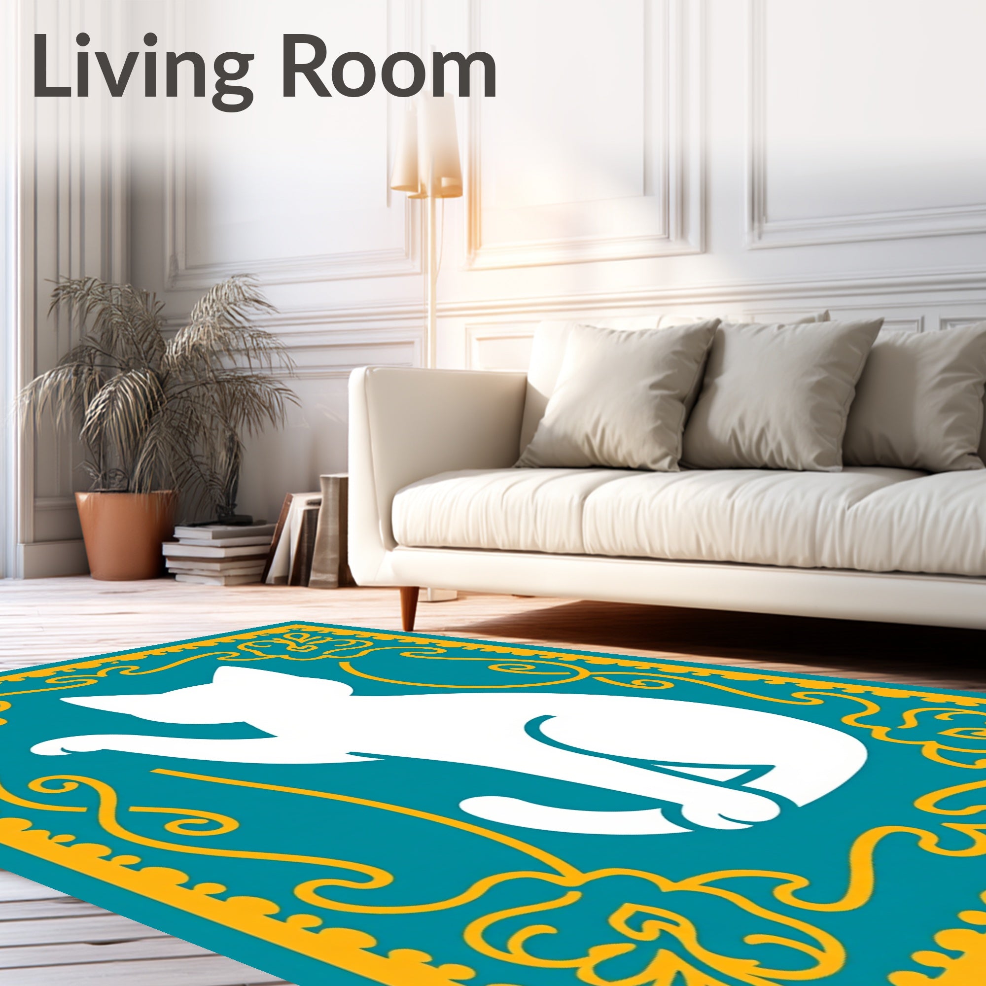 Teal White Whimsical Cat Border Rug