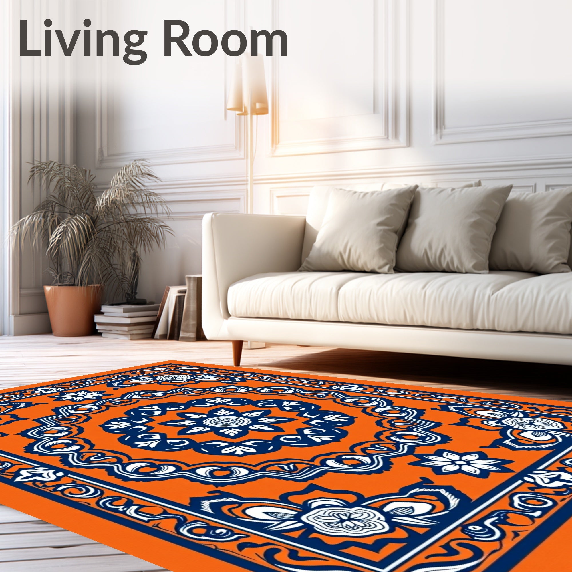 Orange Navy Floral Medallion Border Rug