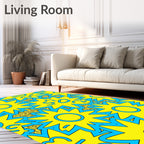 Bold Yellow Sunburst Blue Abstract Rug
