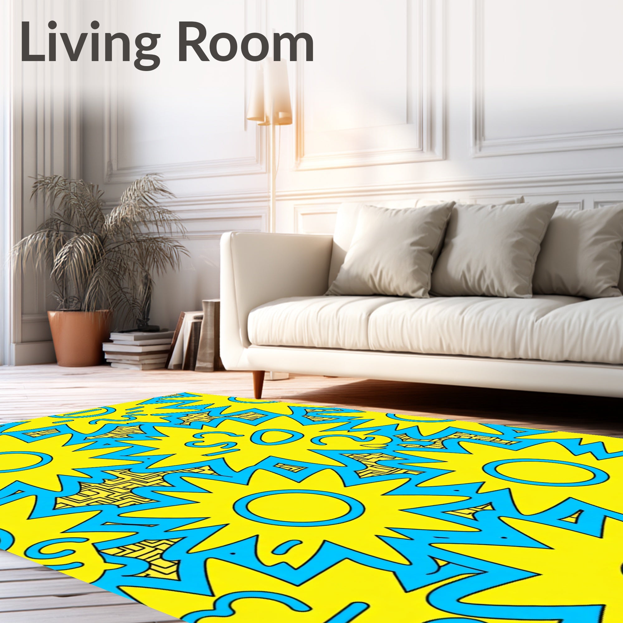 Bold Yellow Sunburst Blue Abstract Rug