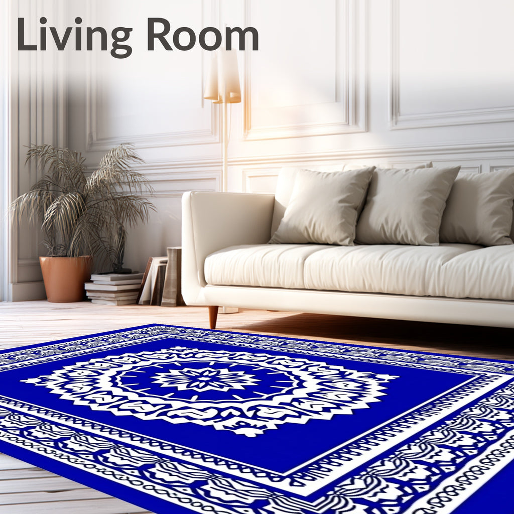 Vibrant Blue White Intricate Medallion Rug
