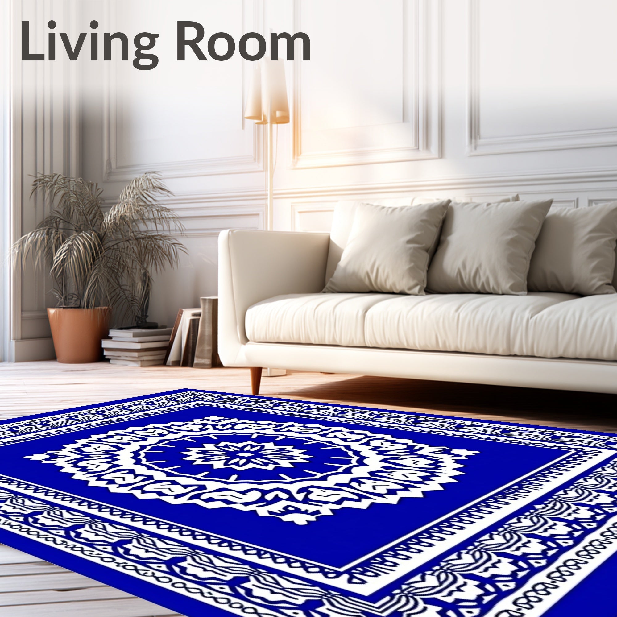 Vibrant Blue White Intricate Medallion Rug