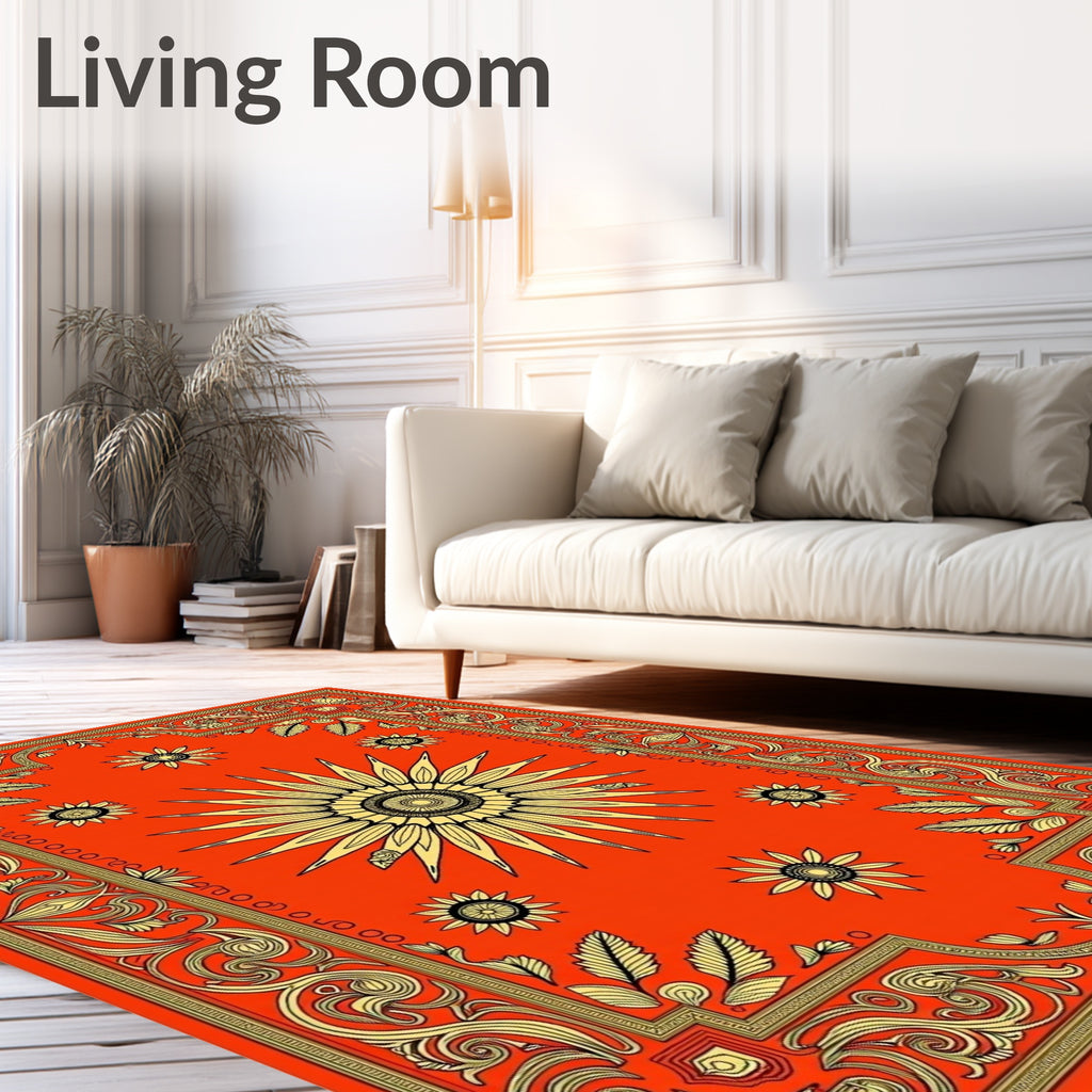 Golden Sunburst Floral Border Rug