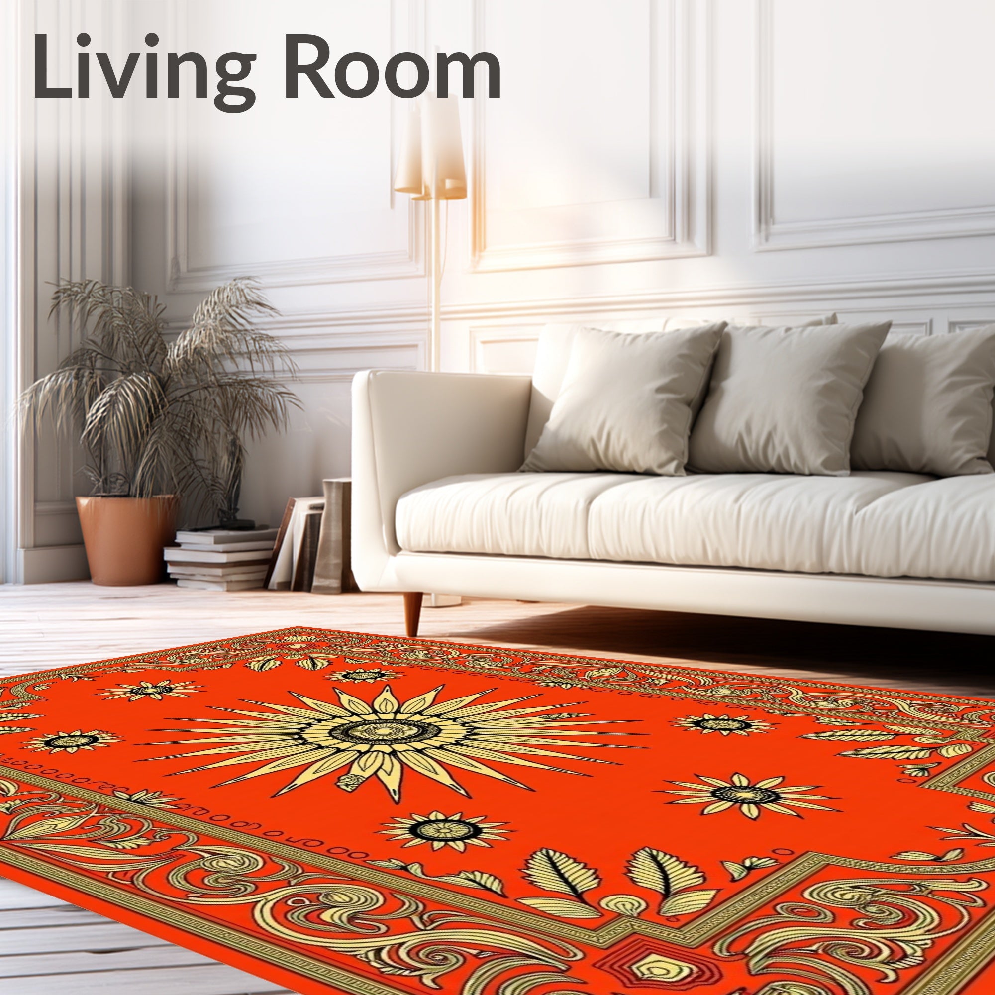 Golden Sunburst Floral Border Rug