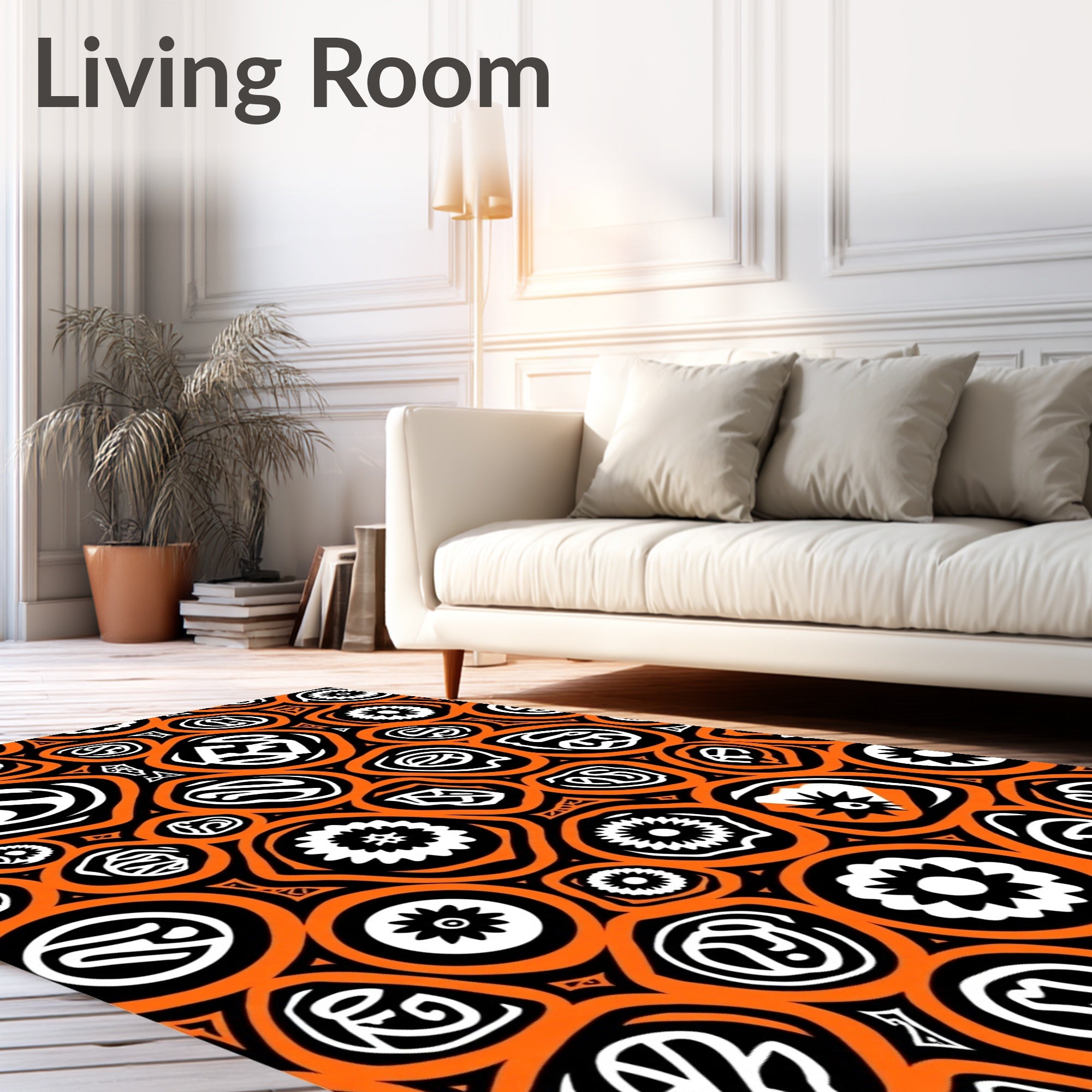 Bold Orange Black White Tribal Forms Rug