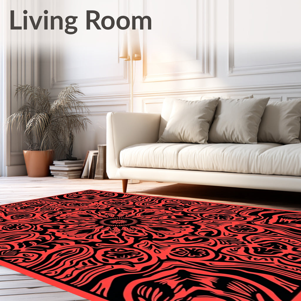 Vibrant Red Black Psychedelic Mandala Rug