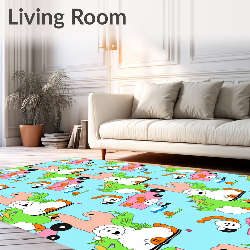 Whimsical Pink Car Sheep Meadow Rug