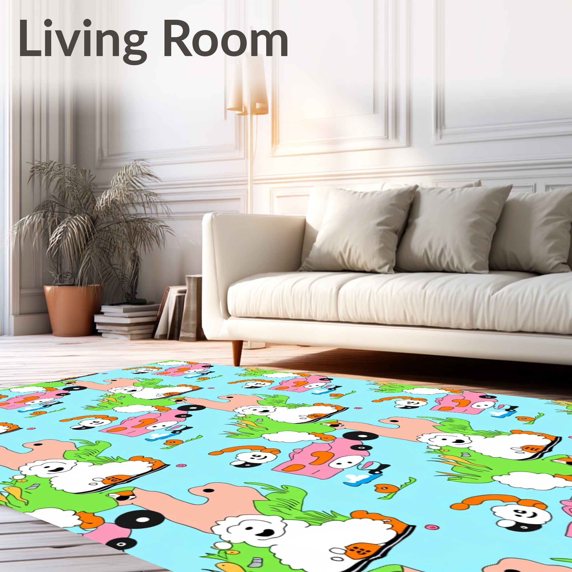 Whimsical Pink Car Sheep Meadow Rug