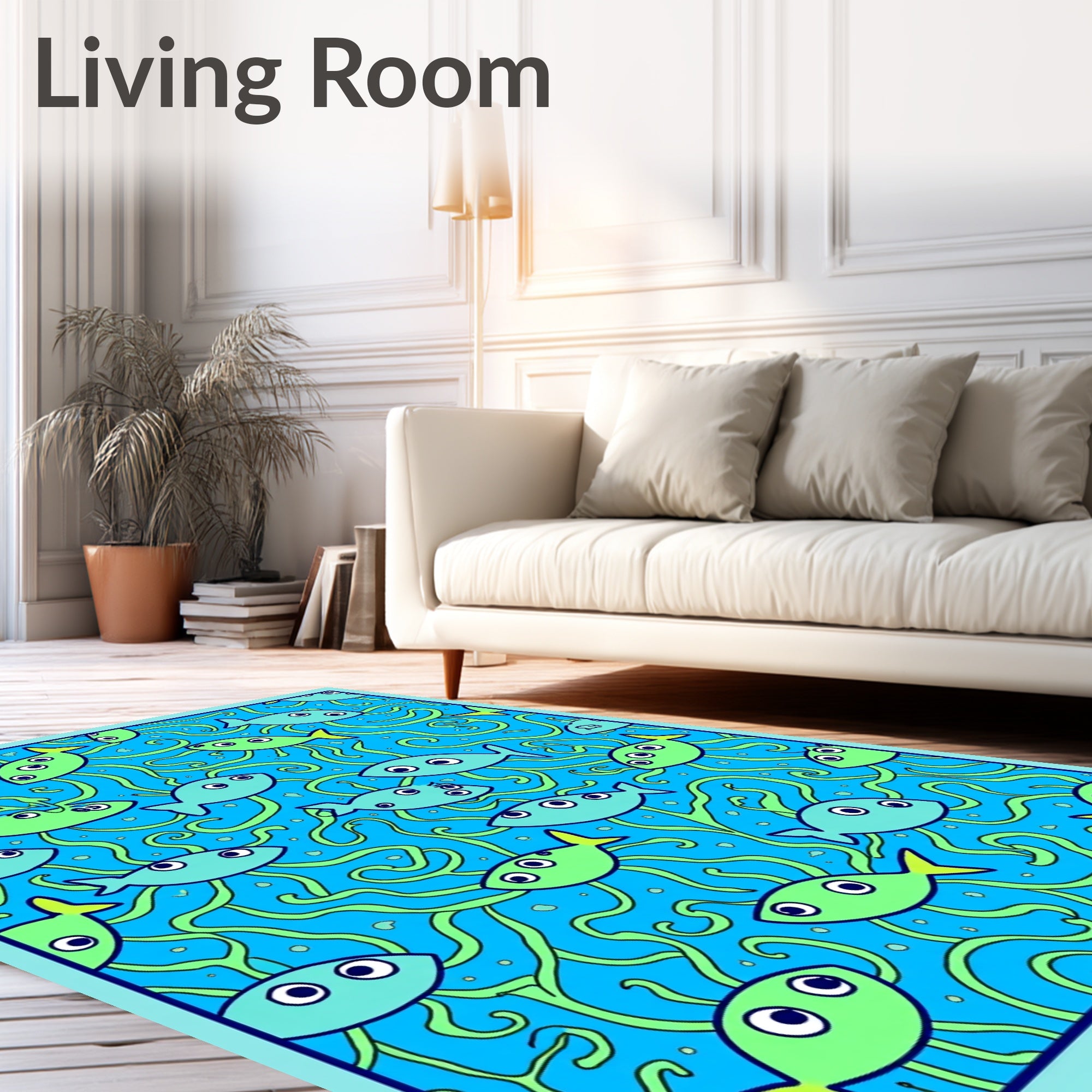 Blue Marine Life Fish Swirls Rug