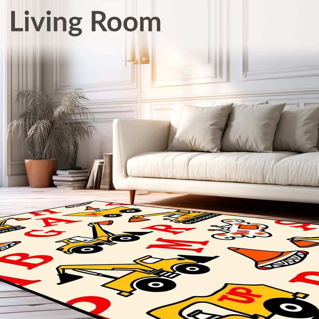 Yellow Construction Vehicles Red Alphabet Rug