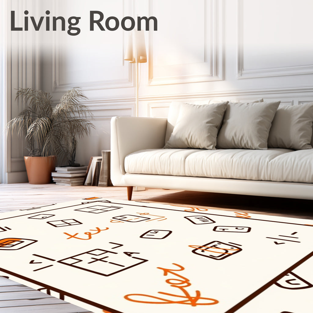 Orange White Scattered Blueprint Icons Rug