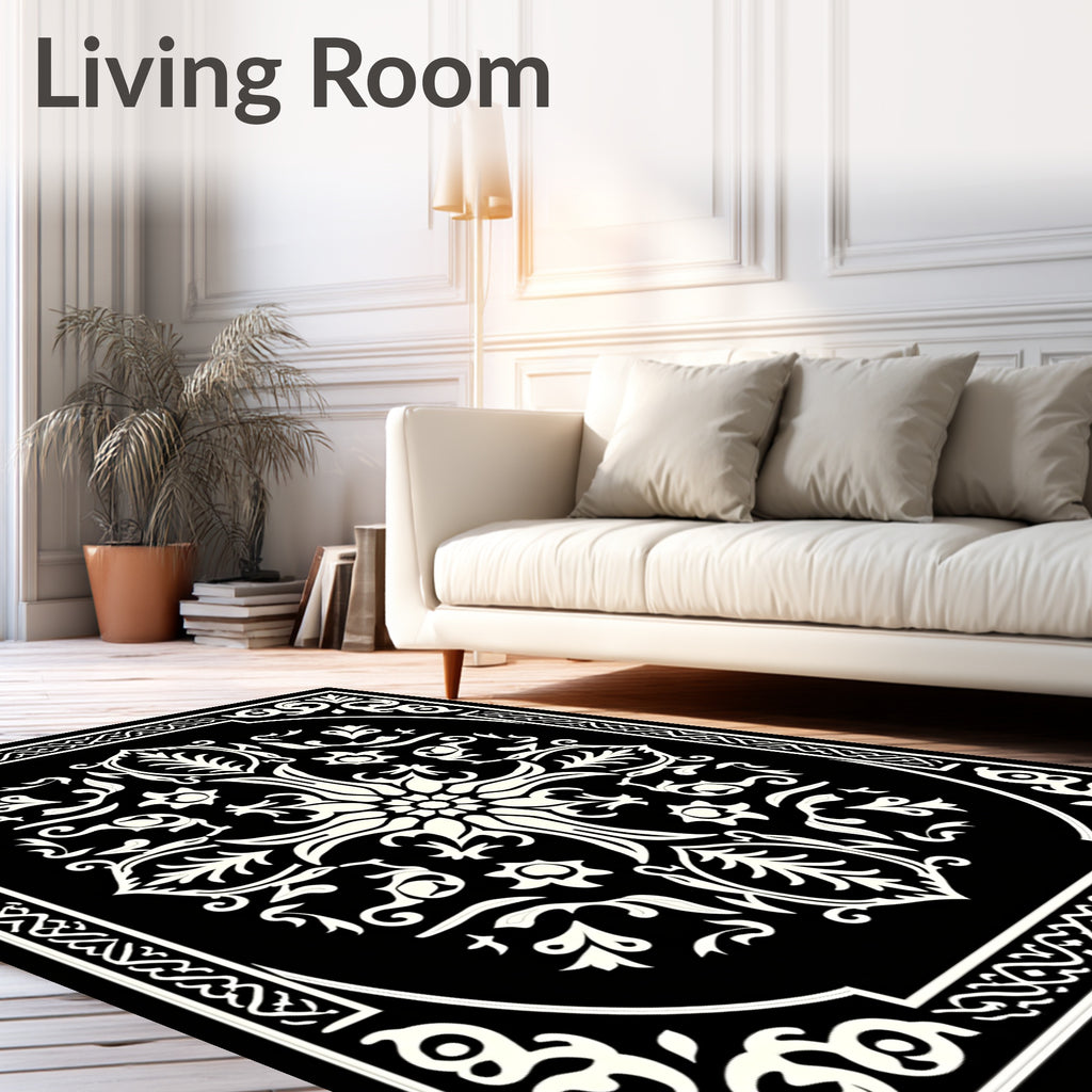 Black and Ivory Ornamental Floral Medallion Rug
