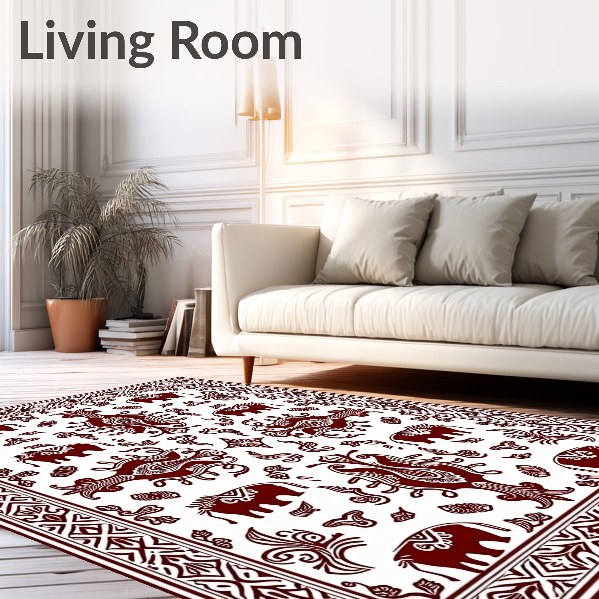 Deep Red Elephant Folk Art Rug