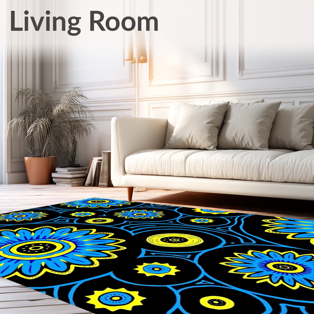 Bold Blue Yellow Floral Burst Rug