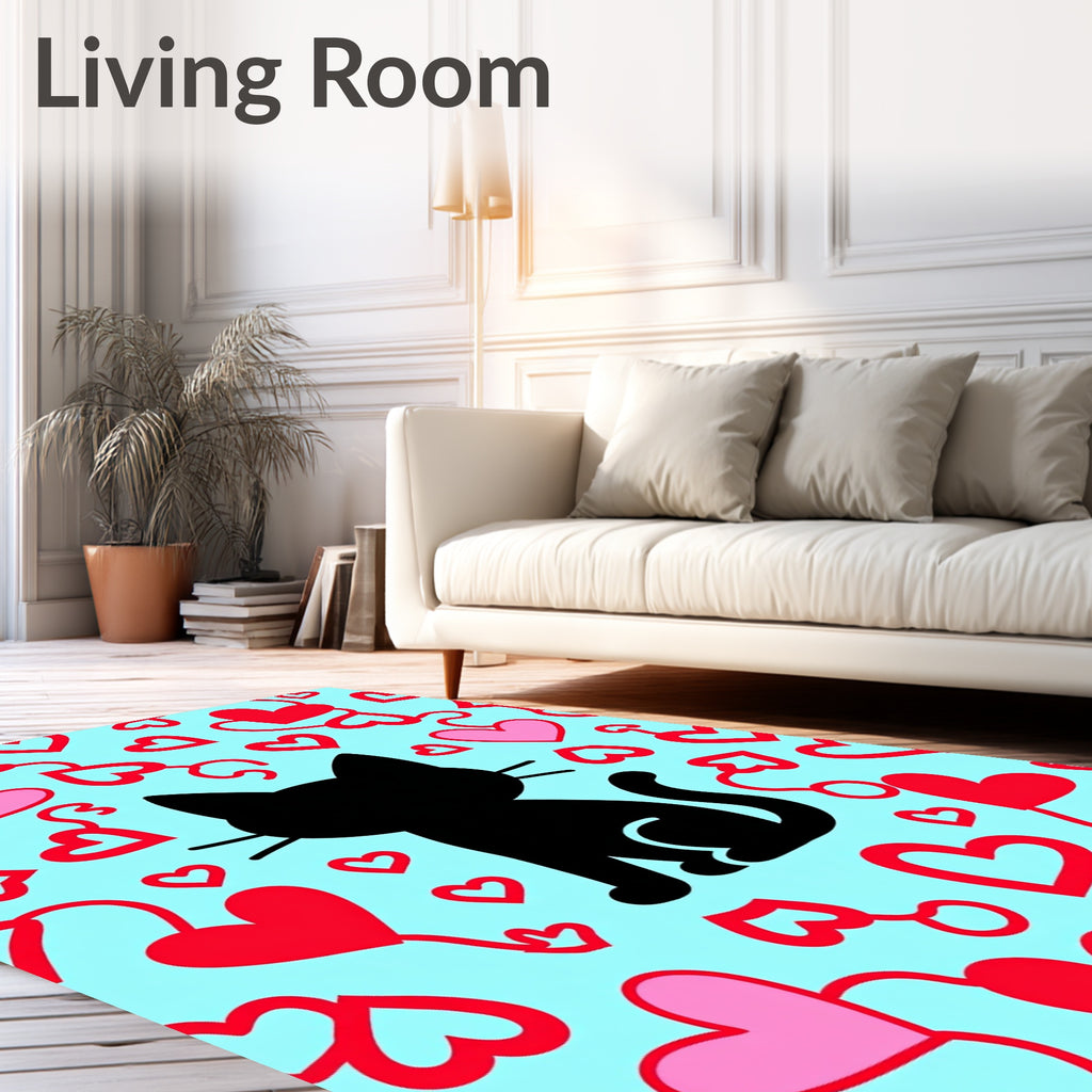 Black Cat Hearts Playful Red Pink Rug